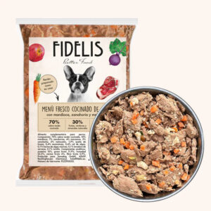 Menú fresco de cabra cocido con mandioca, zanahorias y melocotón 500 gr Fidelis